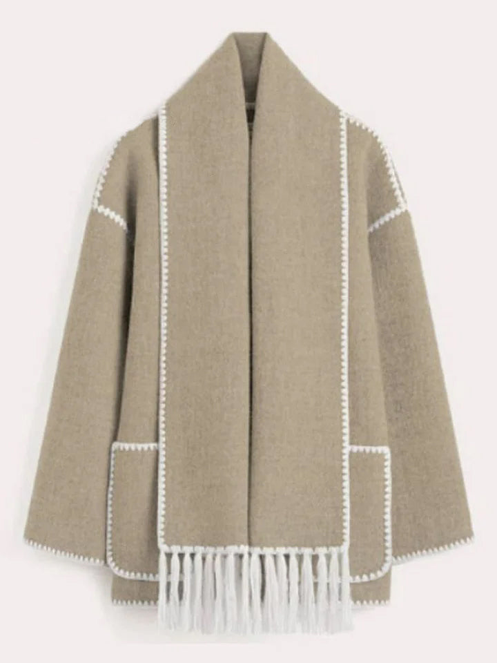Women's Thickened Loose Woolen Coat with Scarf and Tassels
