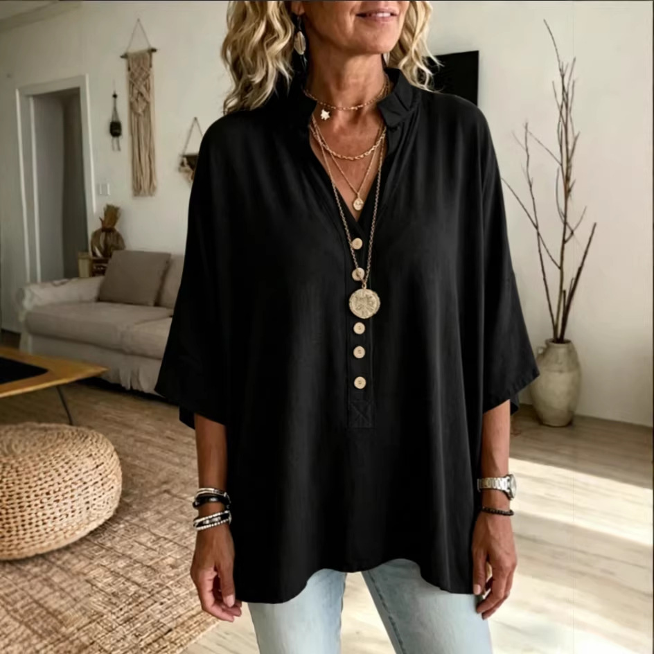 Women's Solid-color V-neck Short-sleeve Casual Loose Cotton-linen Top