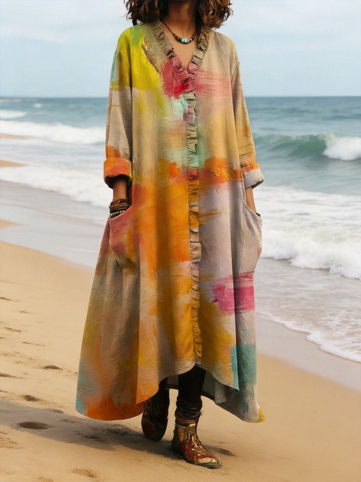 Sunset Orange Color Palette Printed Lace Trim V-neck Dress