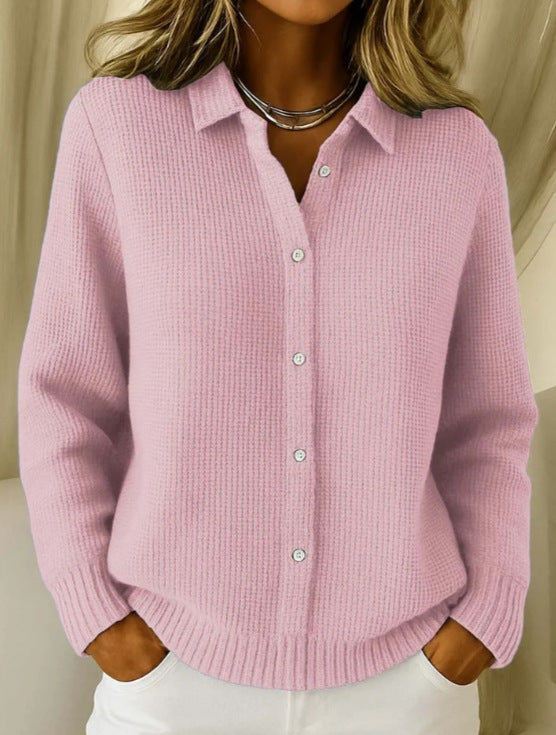 Women's Solid Color Shirt Collar Long Sleeve Waffle Knit Cardigan