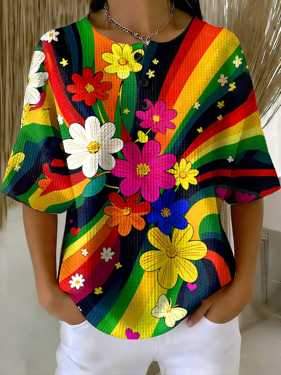 Women's Vintage Hippie Flowers Pattern Printed Casual Cotton Waffle Knit Sweatshirt