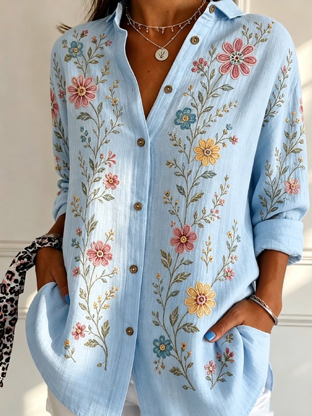 Women's Floral Print Loose Fit Long Sleeve Shirt