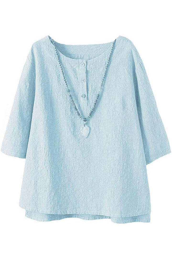 Solid Color Buttons Round Neck 3/4 Sleeves Shirts