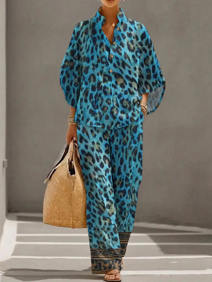 Women's Retro Leopard Art Print Casual 3/4 Sleeve Top And Pants Cotton Linen Suits