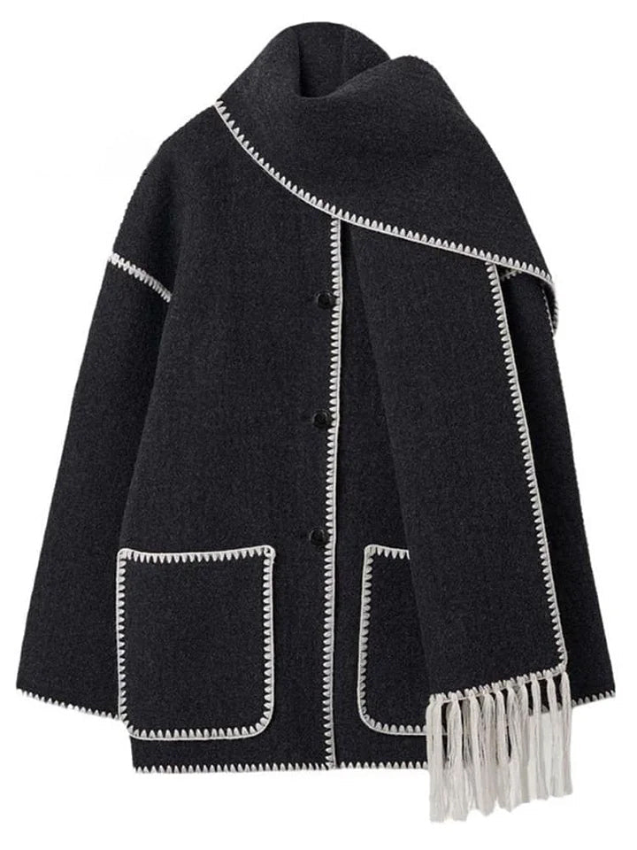 Women's Thickened Loose Woolen Coat with Scarf and Tassels