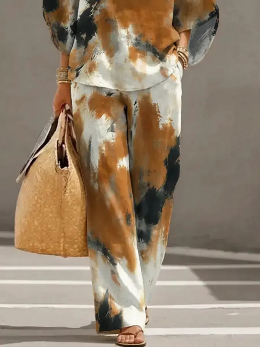 Women's Retro Art Print Casual 3/4 Sleeve Top And Pants Cotton Linen Suits