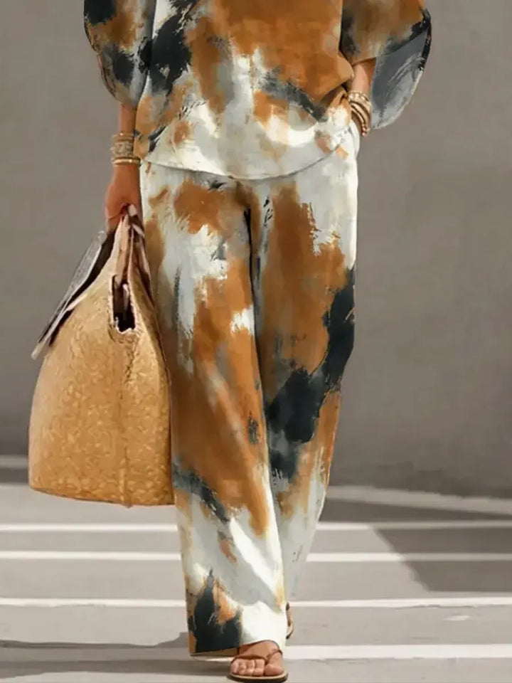 Women's Retro Art Print Casual 3/4 Sleeve Top And Pants Cotton Linen Suits