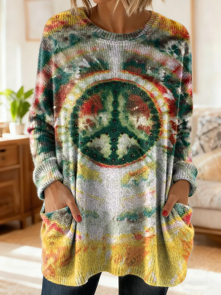 Women's Retro Hippie Tie-Dye Art Print Crew Neck Casual Long-Sleeve Sweater