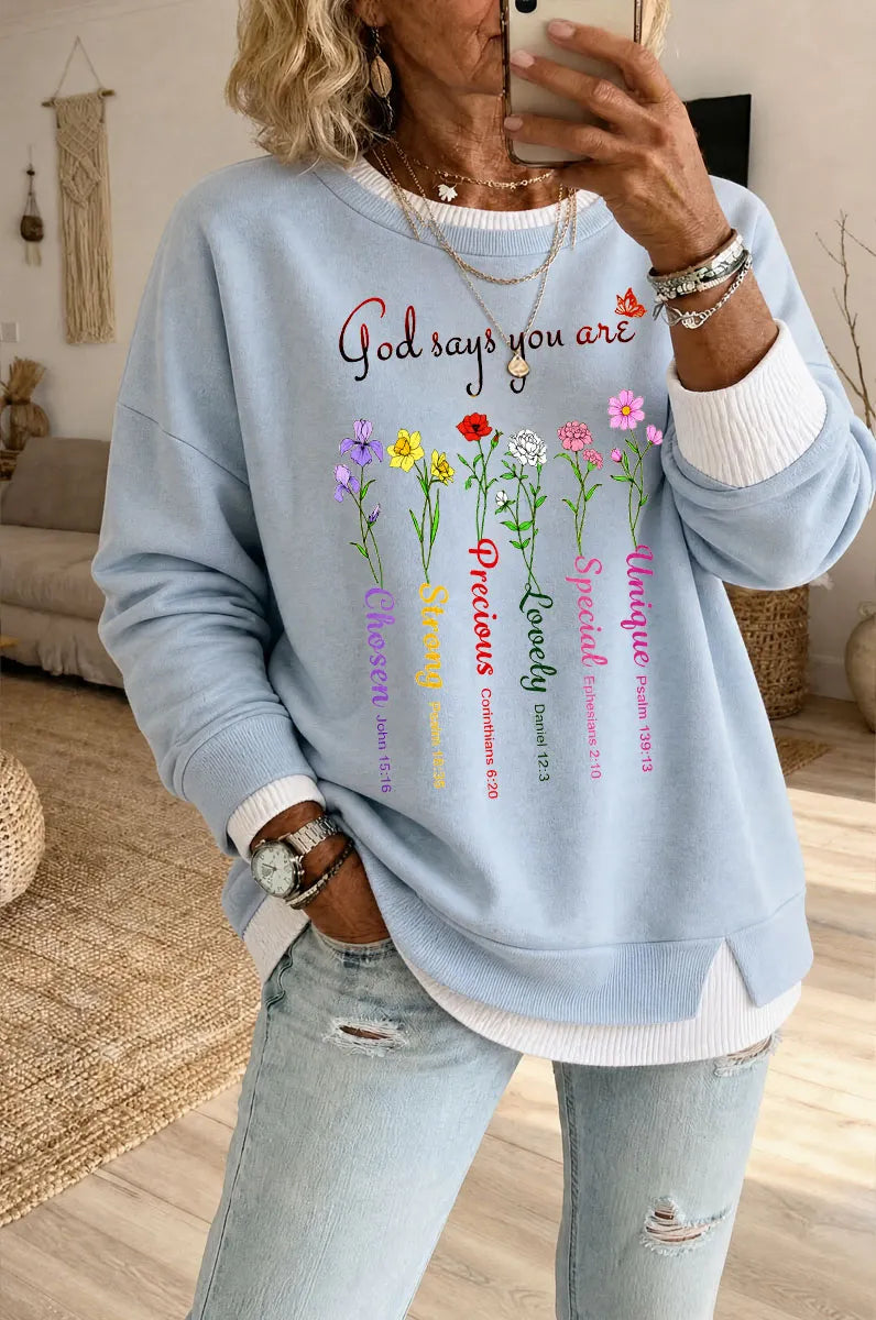 Women's God Says Pattern Fake Two Piece Layered Sweatshirt