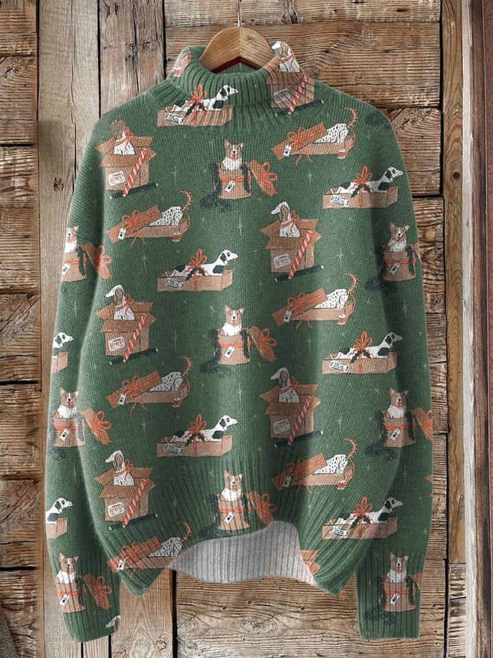 Puppy Dog Christmas Celebration Pattern Printed Knit Turtleneck Pullover Sweater
