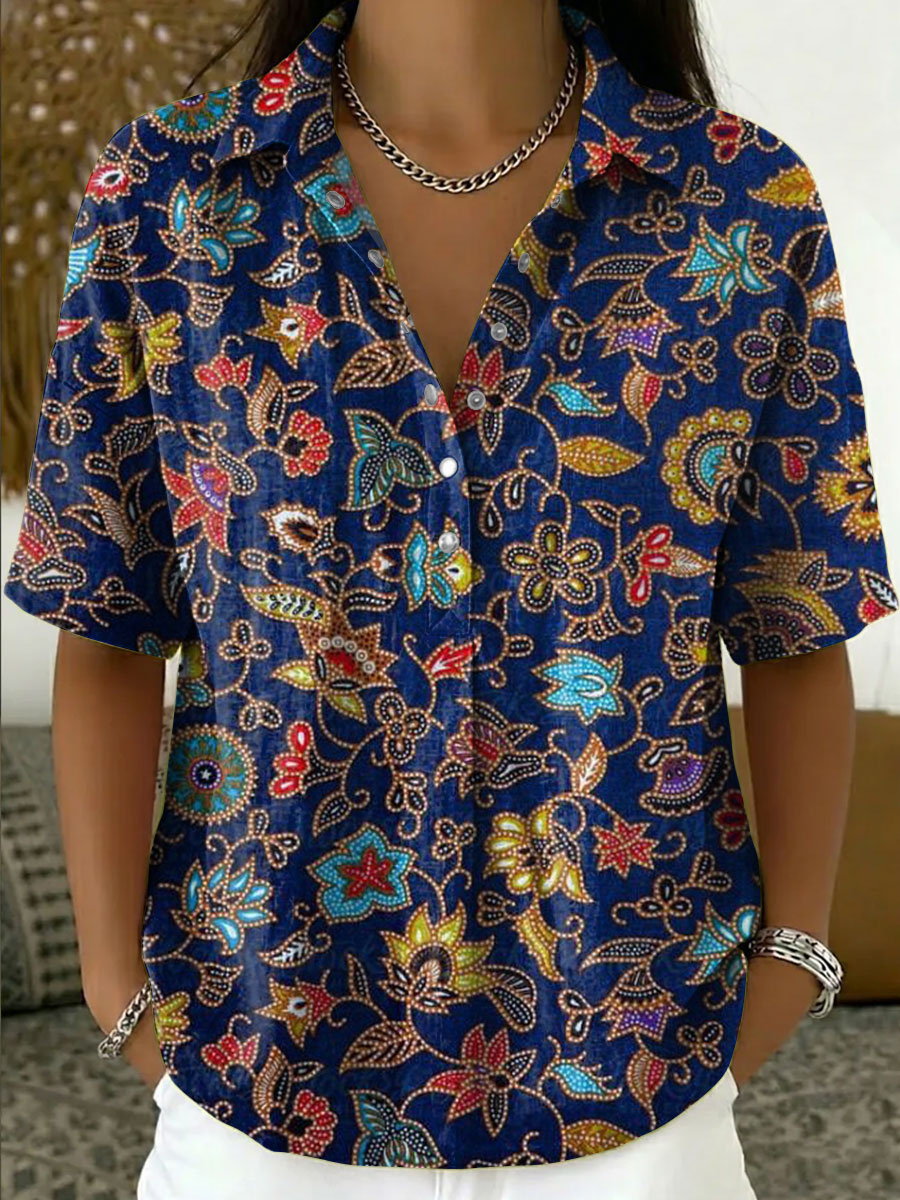 Women's Vintage Botanical Floral Casual Polo Collar Short-sleeved Linen And Cotton Shirt
