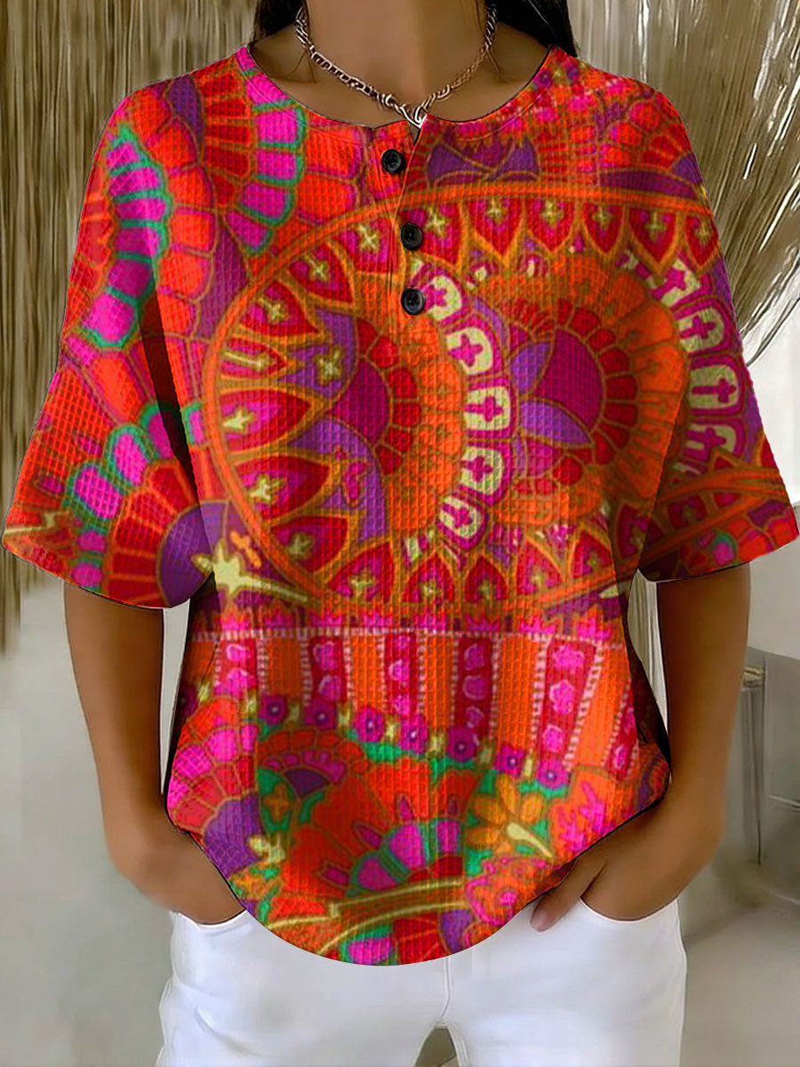 Women's Vintage Hippie Flowers Pattern Printed Casual Cotton Waffle Knit Sweatshirt