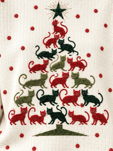 Cat Christmas Tree Polka Dot Crew Neck Sweatshirt