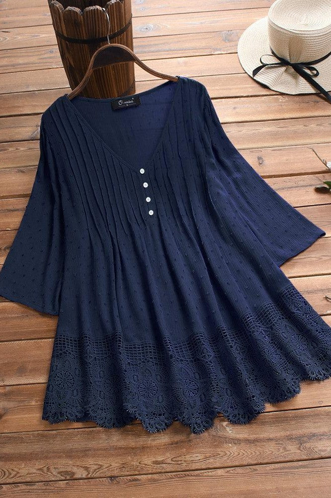 Solid Casual V-neck 3/4 Sleeves Plus Size Blouse