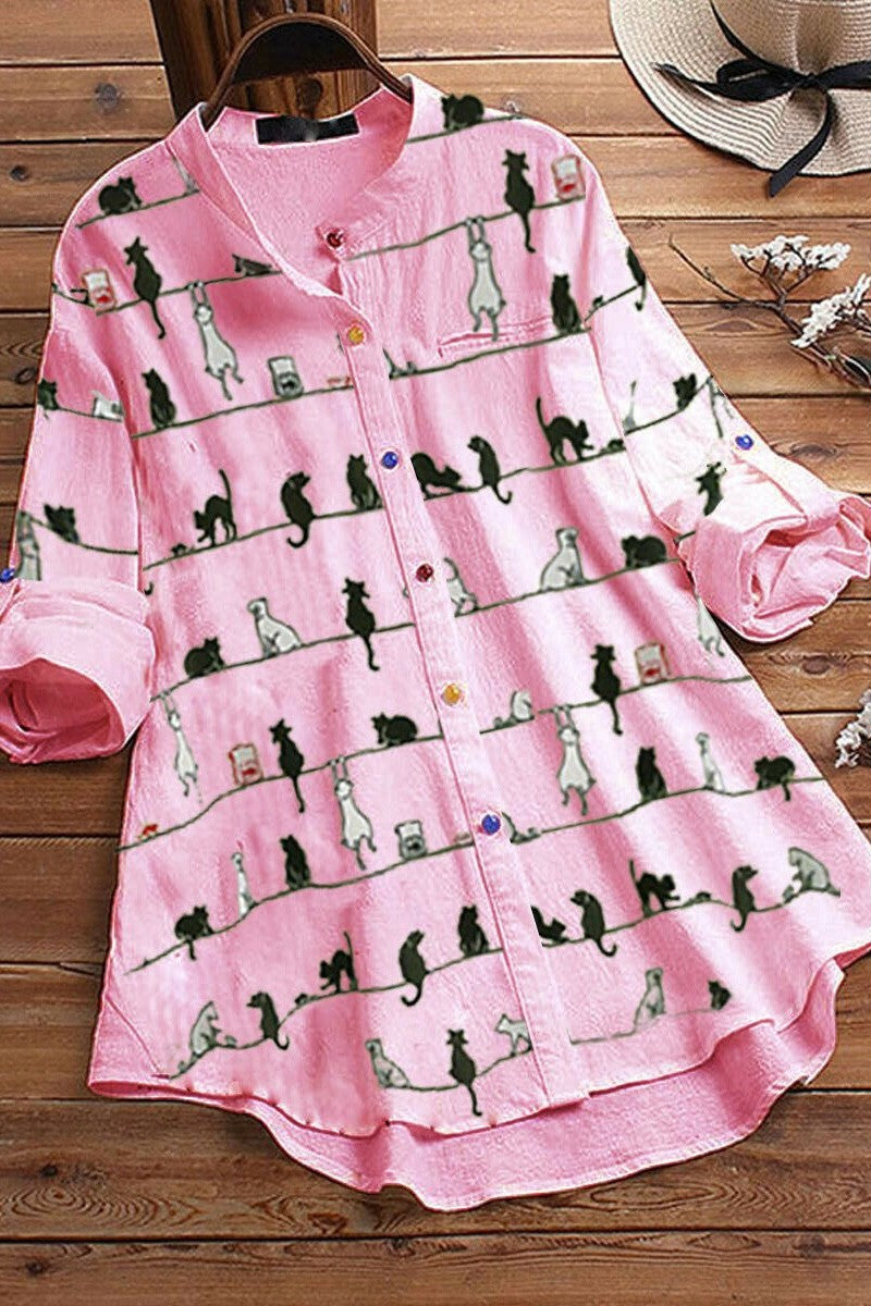 Cartoon Cat Print Buttons Long Sleeves Blouse