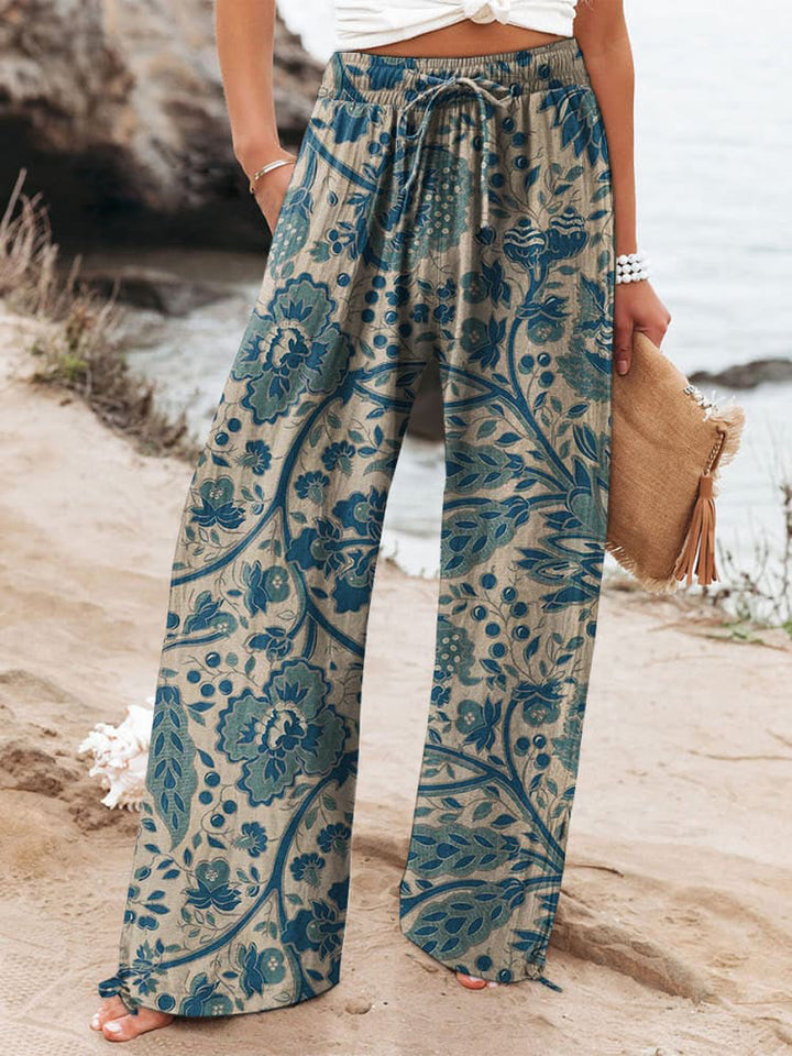 Women's Floral Art Printed Cotton And Linen Casual Pants