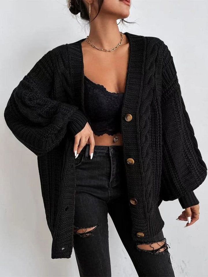 Loose Sweater Coat Autumn and Winter Twist Solid Color V-neck Cardigan
