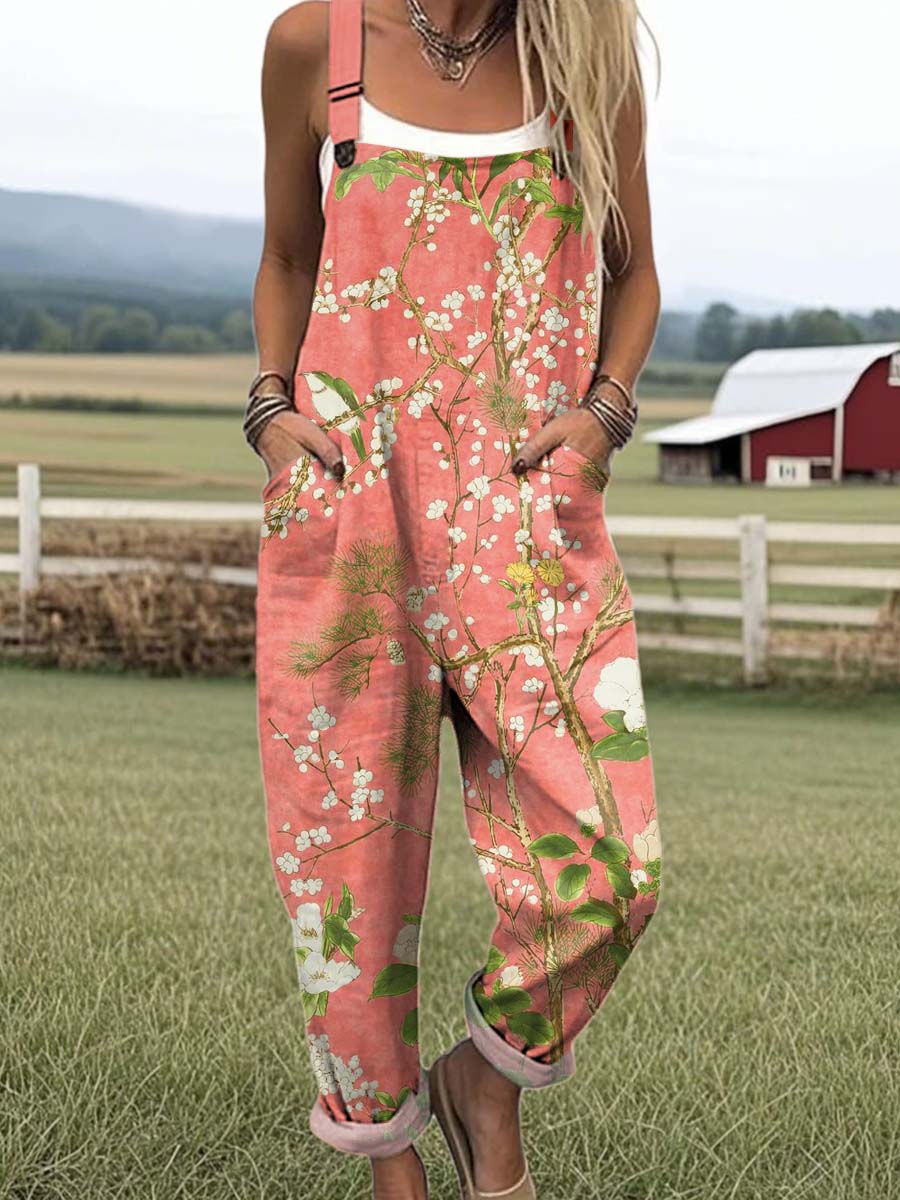 Women's Vintage Floral Art Print Casual Cotton Wide Leg Jumpsuit