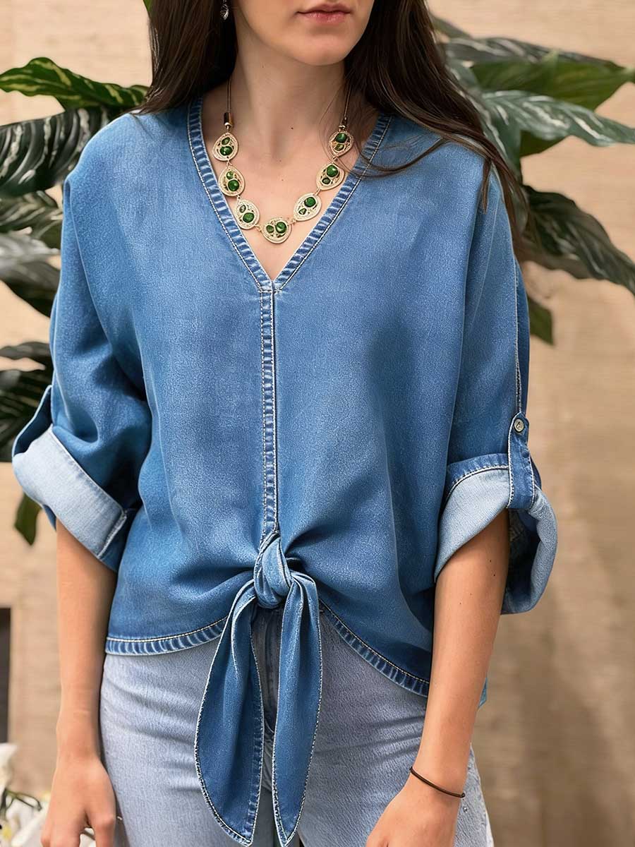 Women's V-neck Long-sleeved Tie-waist Loose-fitting Denim Top