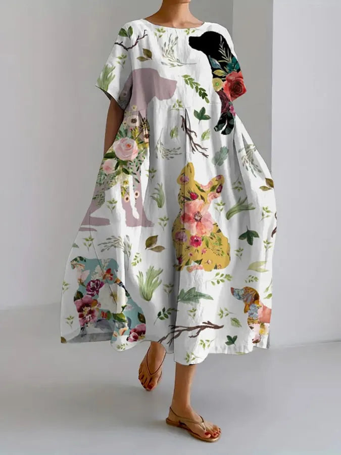 Women's Funny Dog Print Casual Loose Dress  (With Pockets On Both Sides)