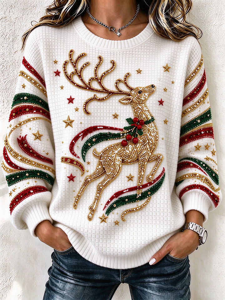 Regular Fit Christmas Elk Crew Neck Casual Sweatshirt