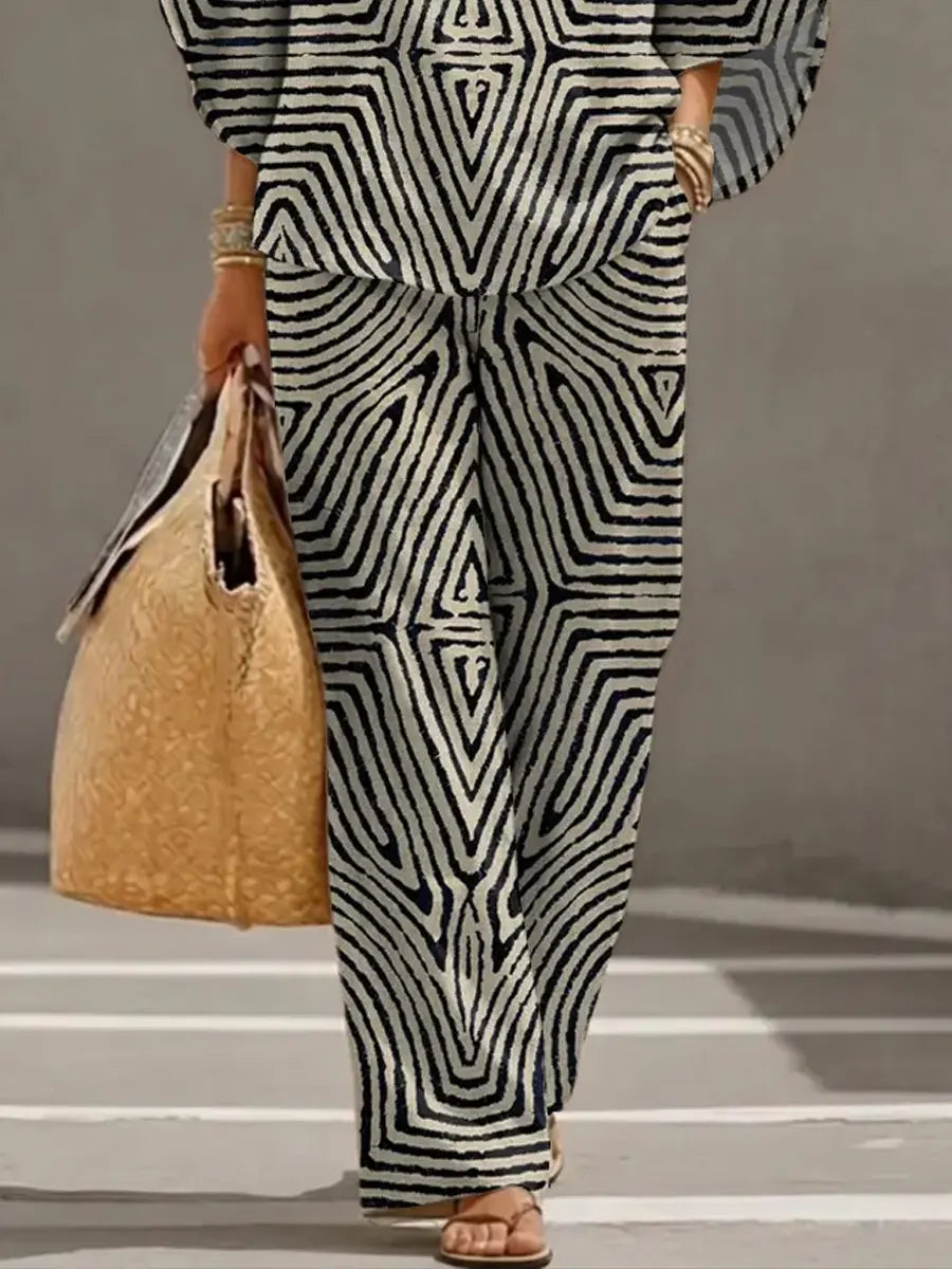 Women's Retro Line Art Print Casual 3/4 Sleeve Top And Pants Cotton Linen Suits