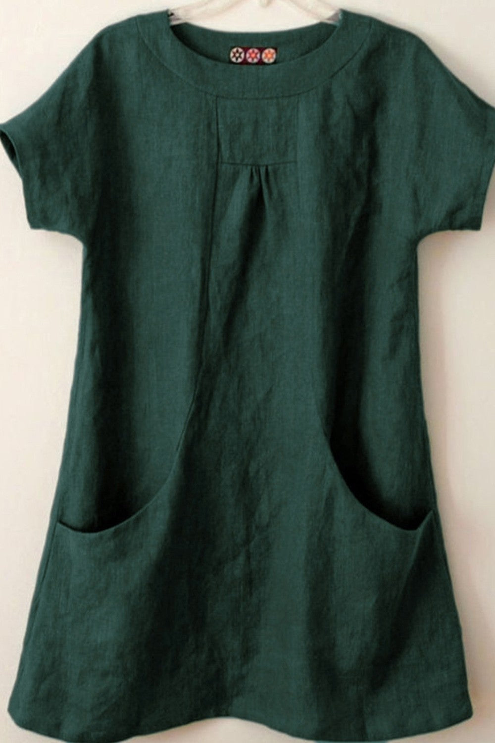 Plain Pockets Round Neck Short Sleeves Blouse