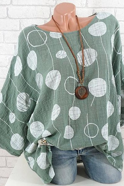 Polka Dot Print Round Neck 3/4 Sleeves Blouse