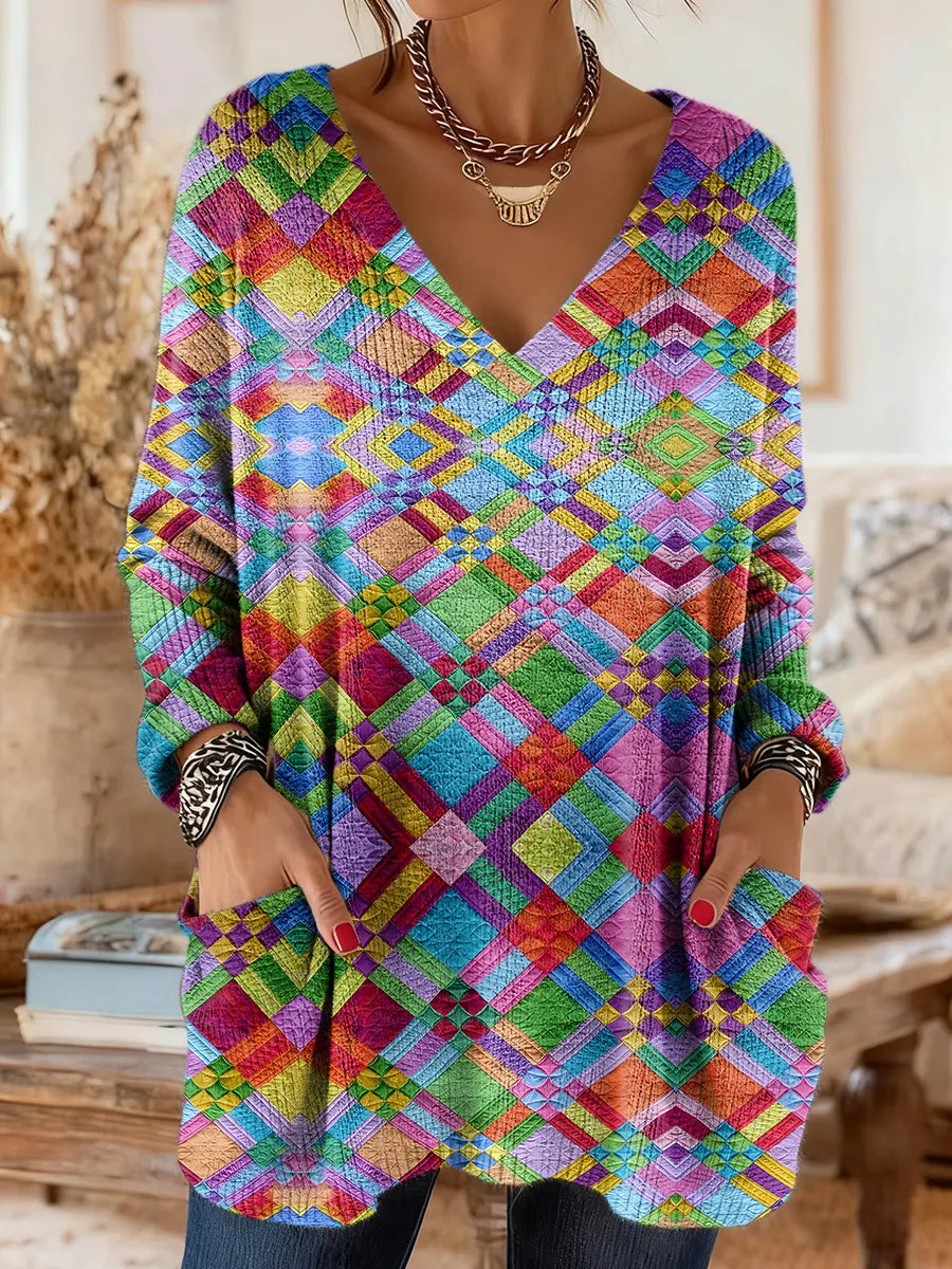 Women's Retro Colorful Knitted Texture Art Print V-Neck Casual Long-Sleeve Sweater