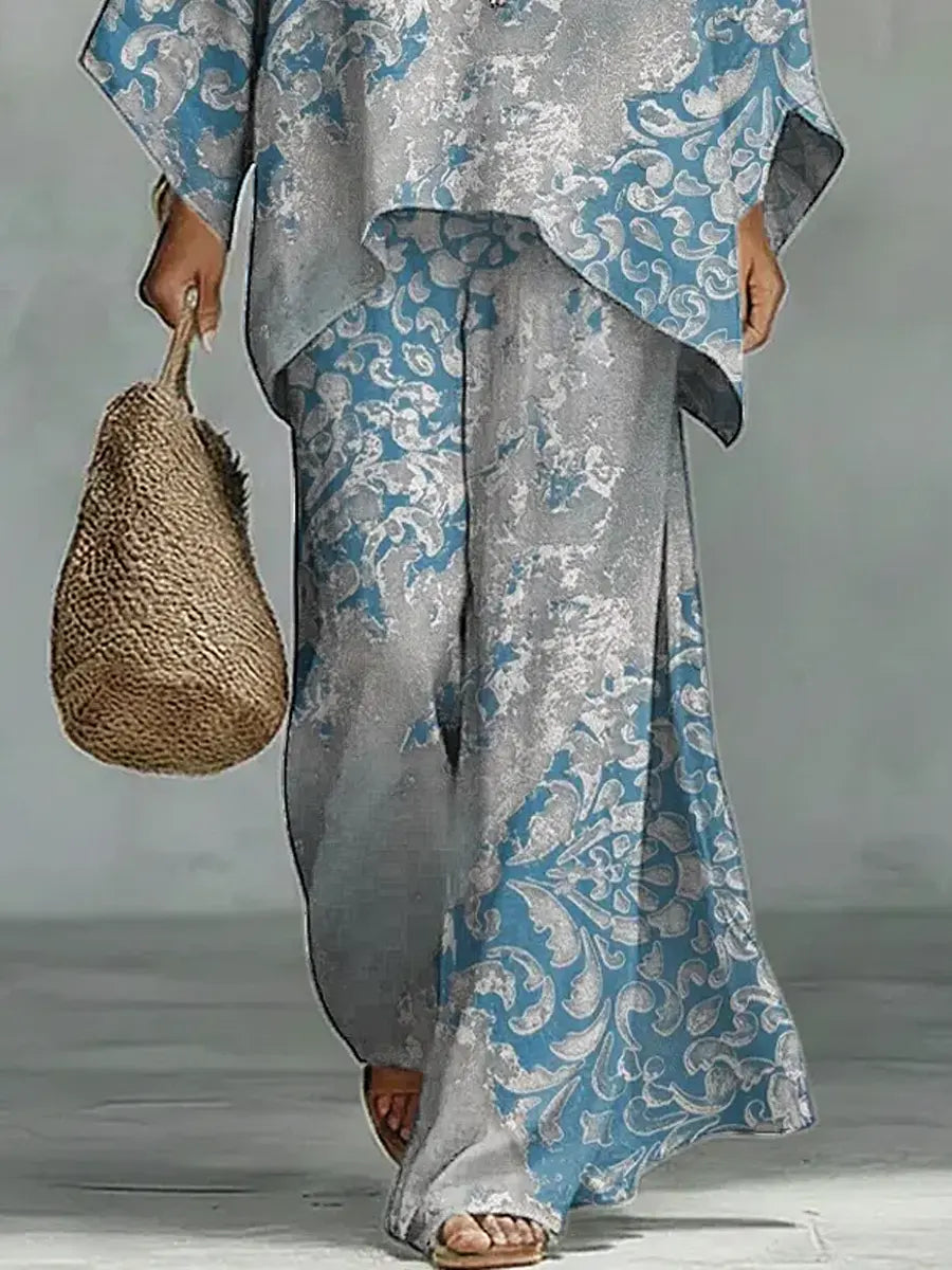 Women's Vintage Floral Art Comfortable Loose Cotton Linen Wide-leg Pants Two-piece Set
