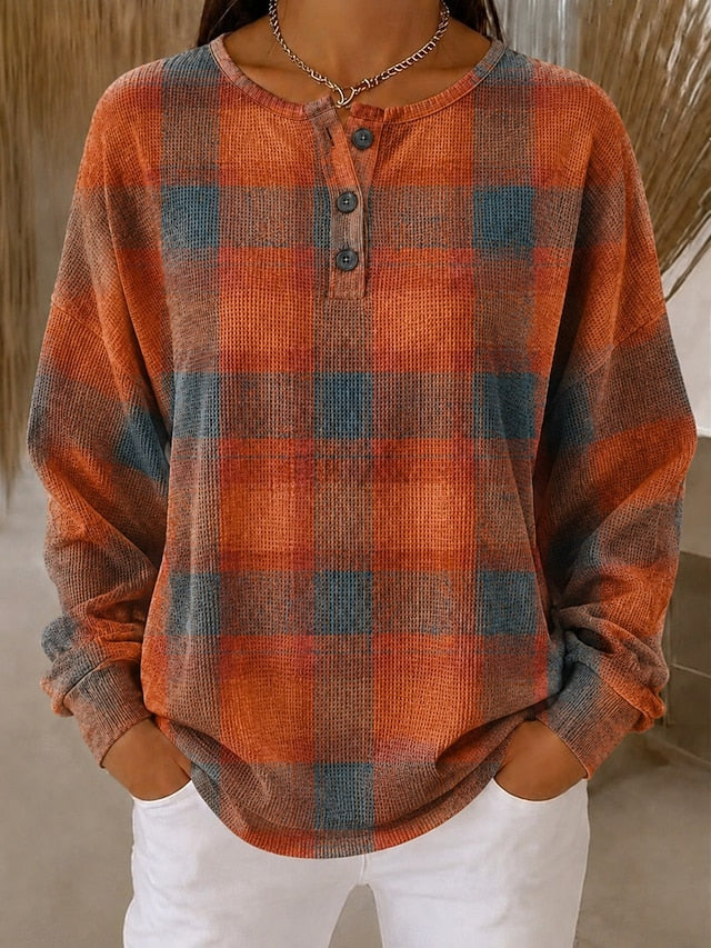 Women's Orange Teal Plaid Pattern Print Casual Waffle Cotton Henley Sweatshirt