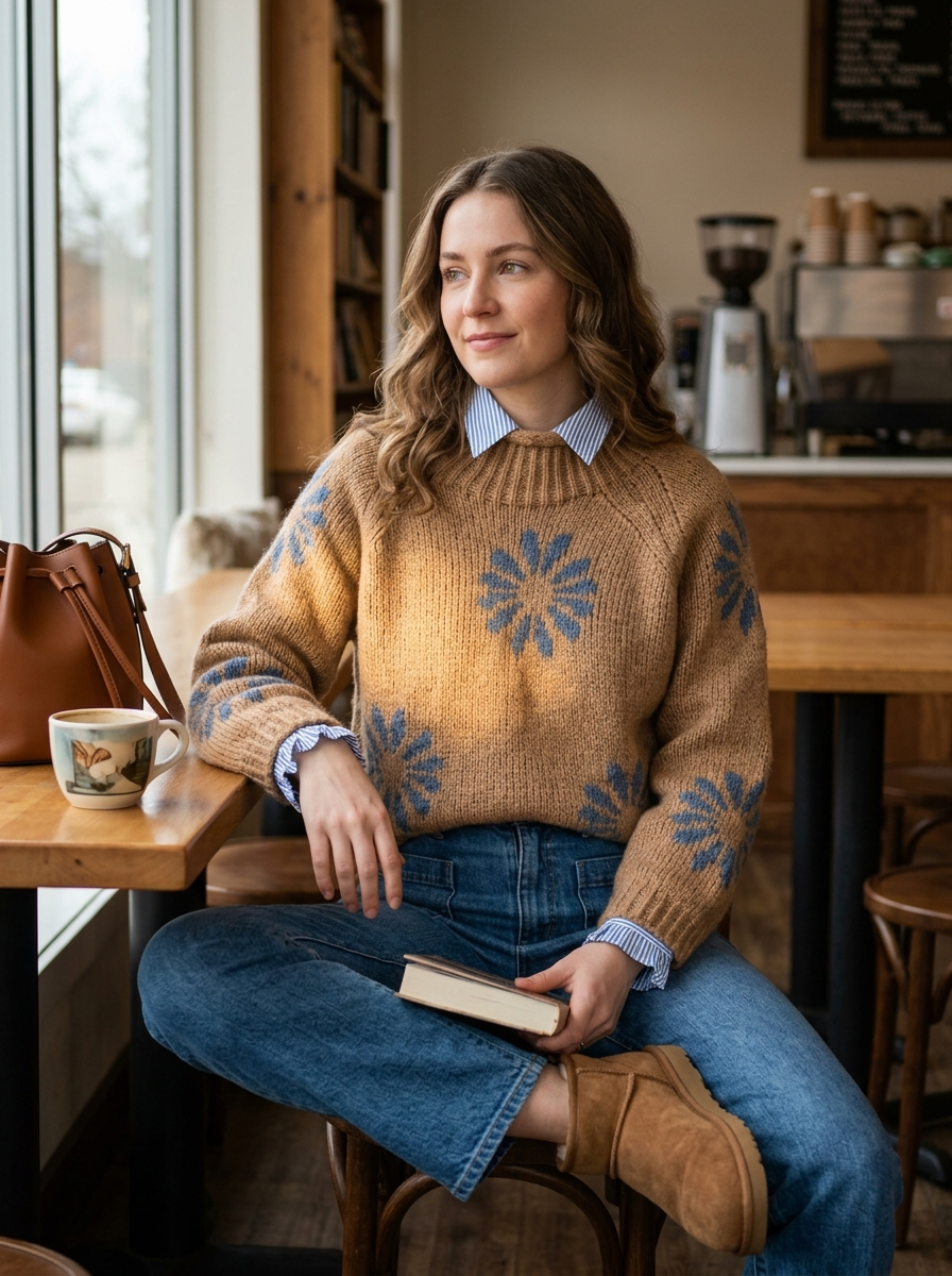 Women's Lovely Floral Art Print Knit Turtleneck Pullover Sweater