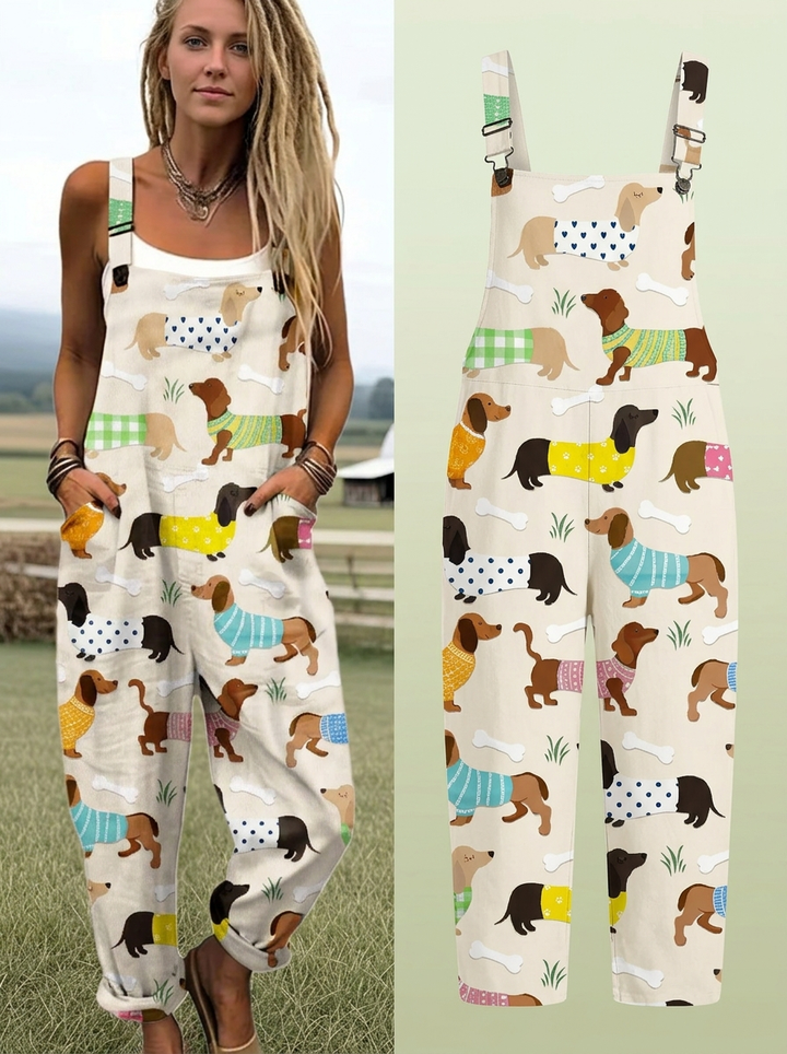 Women's Vintage Cute Dog Dachshund Art Print Casual Cotton Wide Leg Jumpsuit