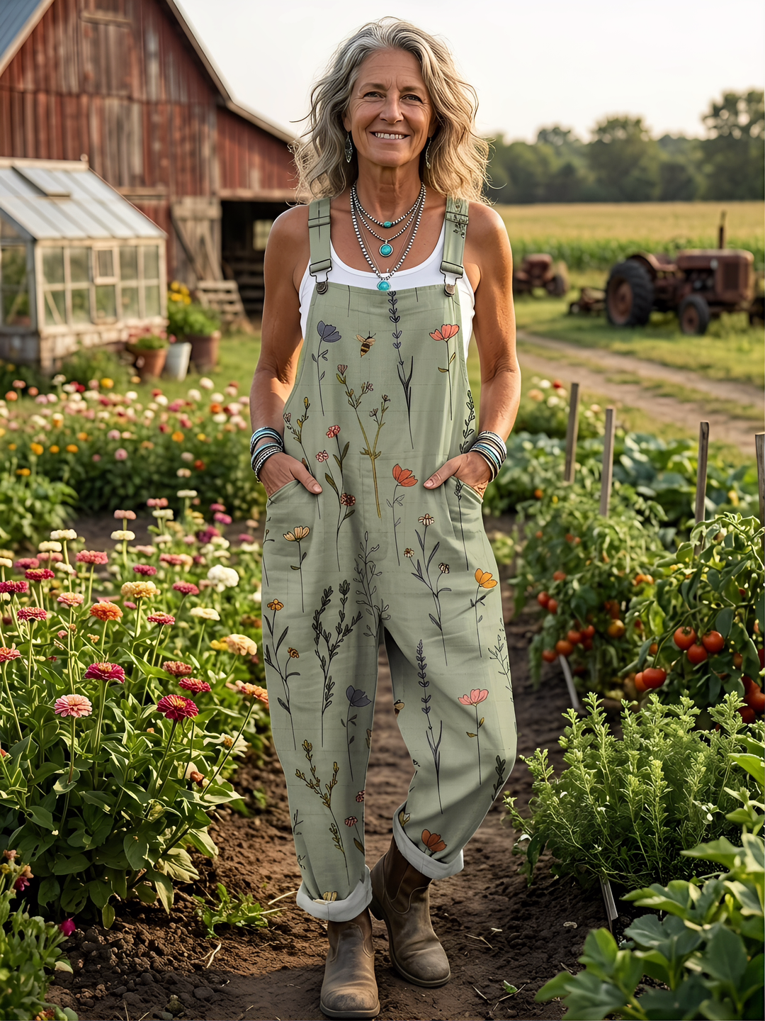 Women's Vintage Floral Art Print Casual Cotton Linen Wide Leg Jumpsuit