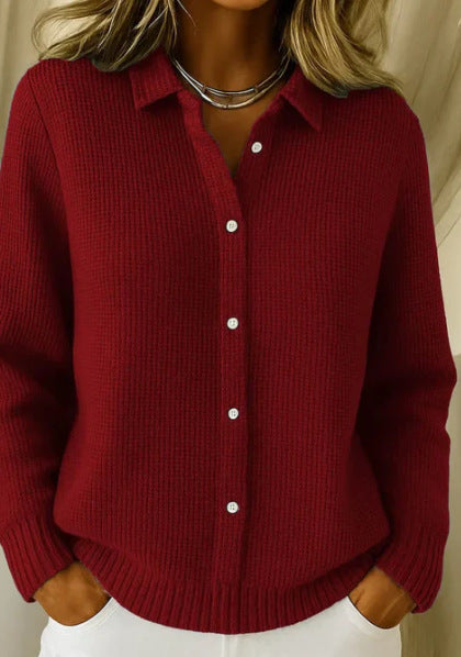 Women's Solid Color Shirt Collar Long Sleeve Waffle Knit Cardigan