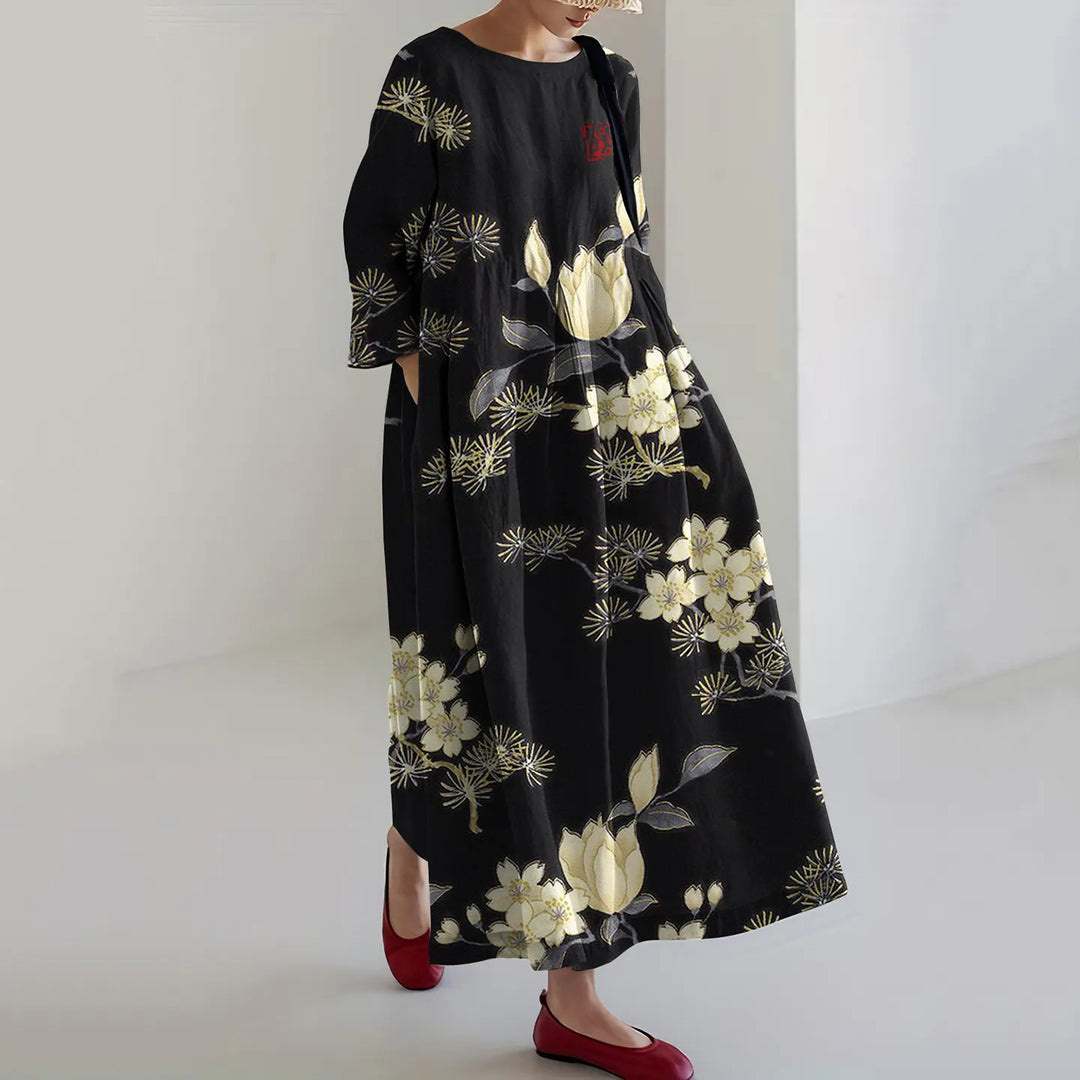 Vintage Japanese Flower Art  Casual Midi Dress