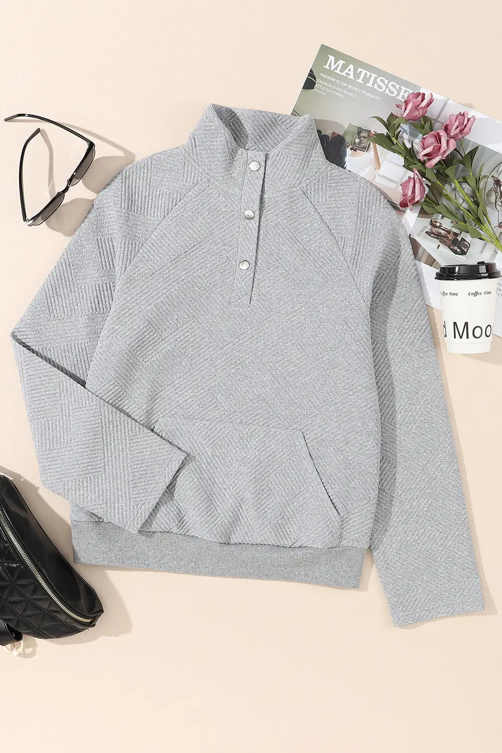 Light Grey Textured Buttoned Sweatshirt
