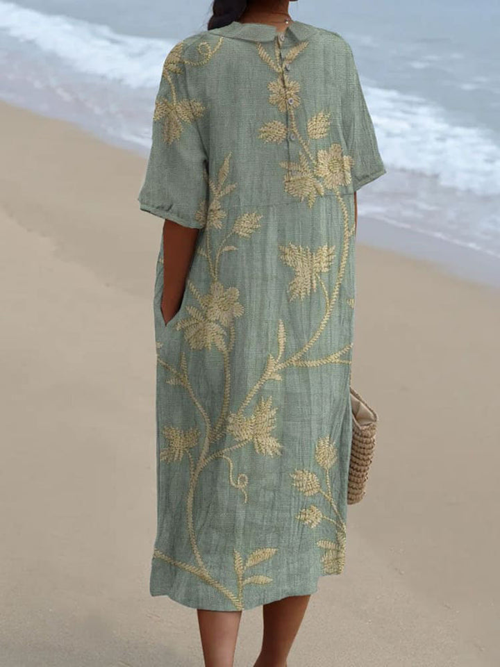 Women's Vintage Lovely Floral Art Print Casual Pocket Linen Dress(Convertible Dress With Front And Back Option)