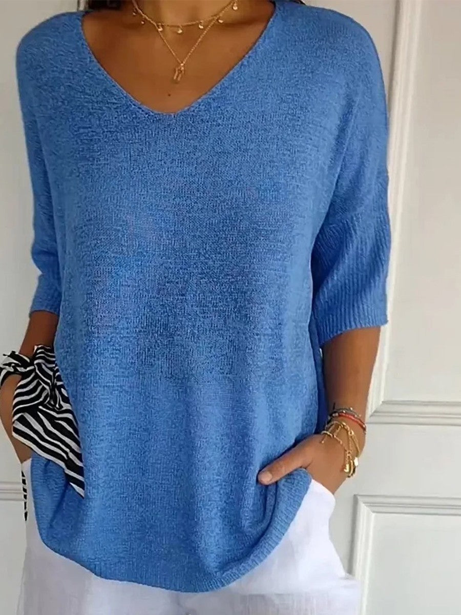 Solid Color Knitted V-Neck Top