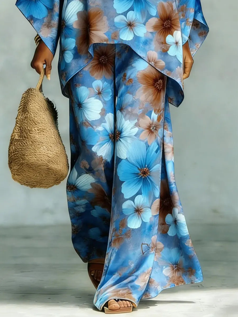 Women's Vintage Floral Art Comfortable Loose Cotton Linen Wide-leg Pants Two-piece Set