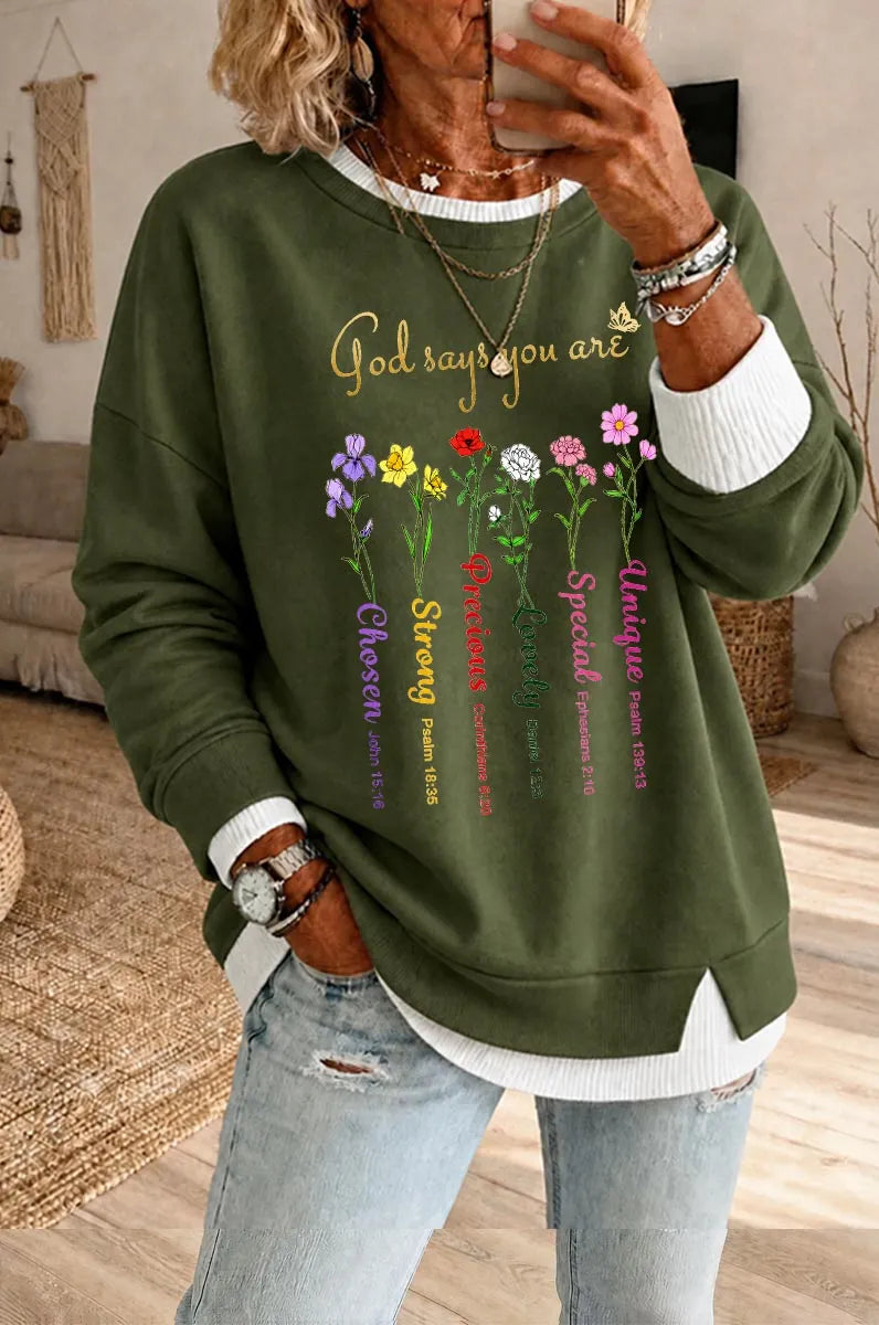 Women's God Says Pattern Fake Two Piece Layered Sweatshirt