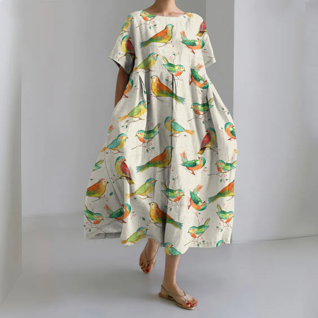 Funny Farm Forest Boho Bird Embroidery Art Pattern Linen Blend Dress