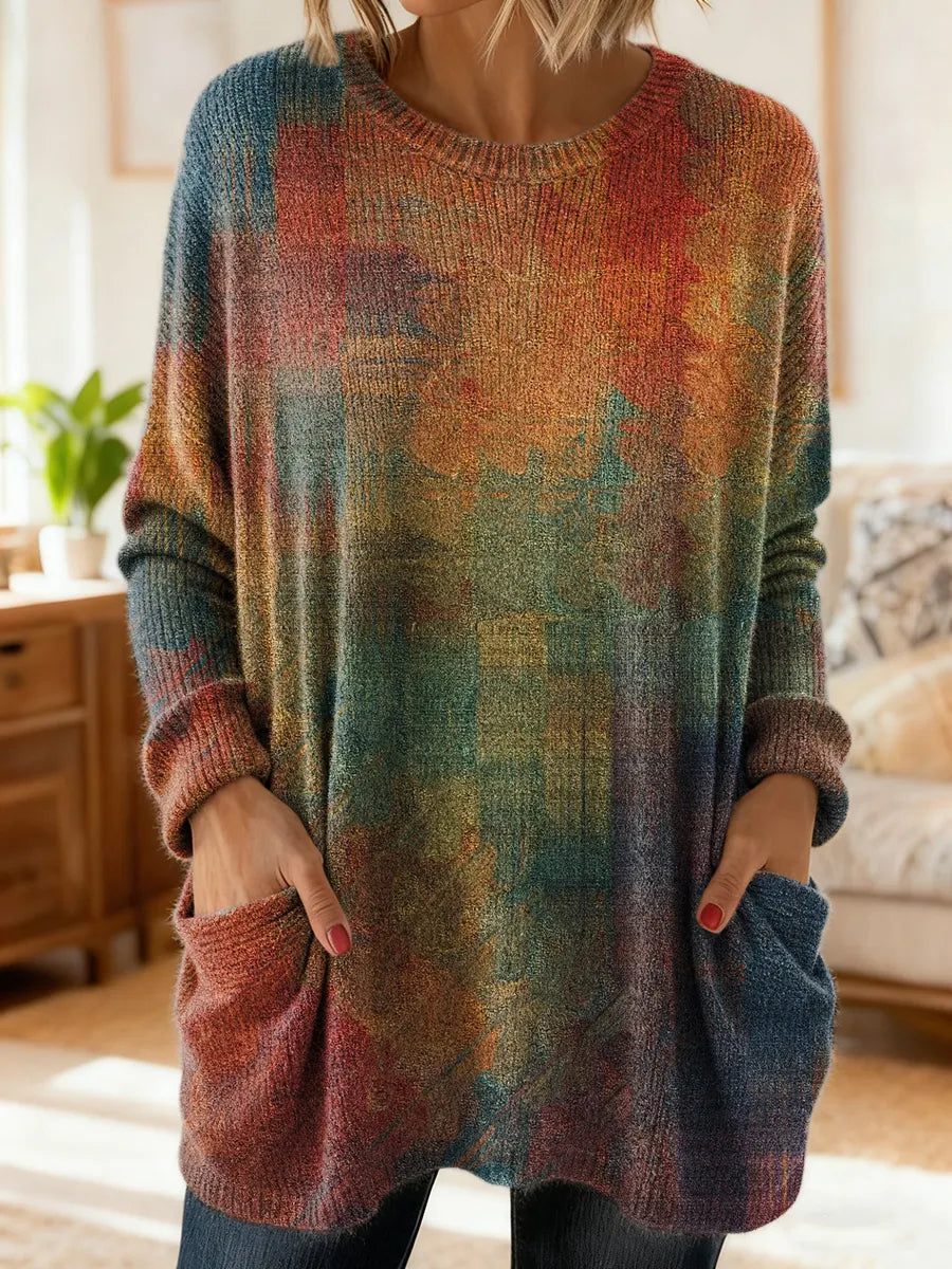 Women's Retro Tie-Dye Art Print Crew Neck Casual Long-Sleeve Sweater