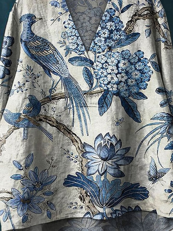 Women's Vintage Lovely Floral Birds Art Print Casual Cotton And Linen V-neck Shirt