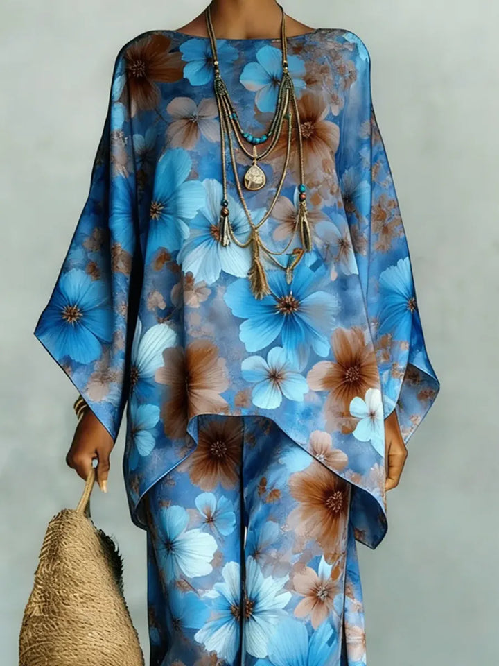 Women's Vintage Floral Art Comfortable Loose Cotton Linen Wide-leg Pants Two-piece Set