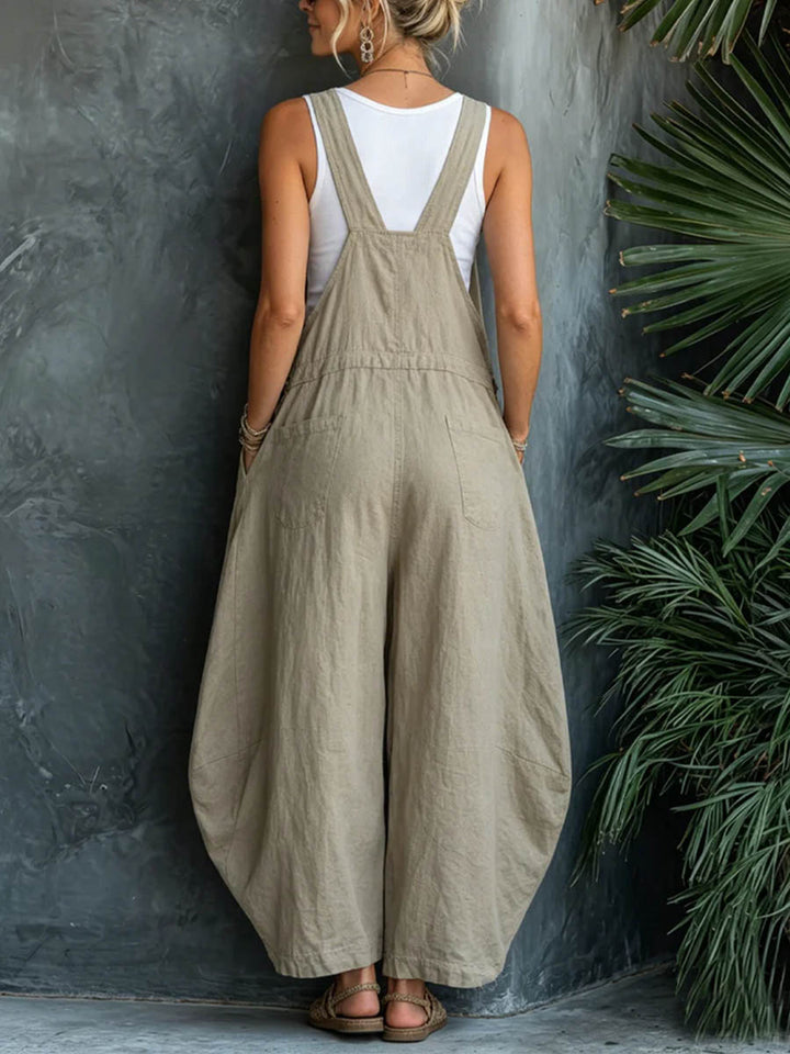 Women's Solid-color Square-neck Sleeveless Casual Loose Cotton-linen Wide-leg Jumpsuit