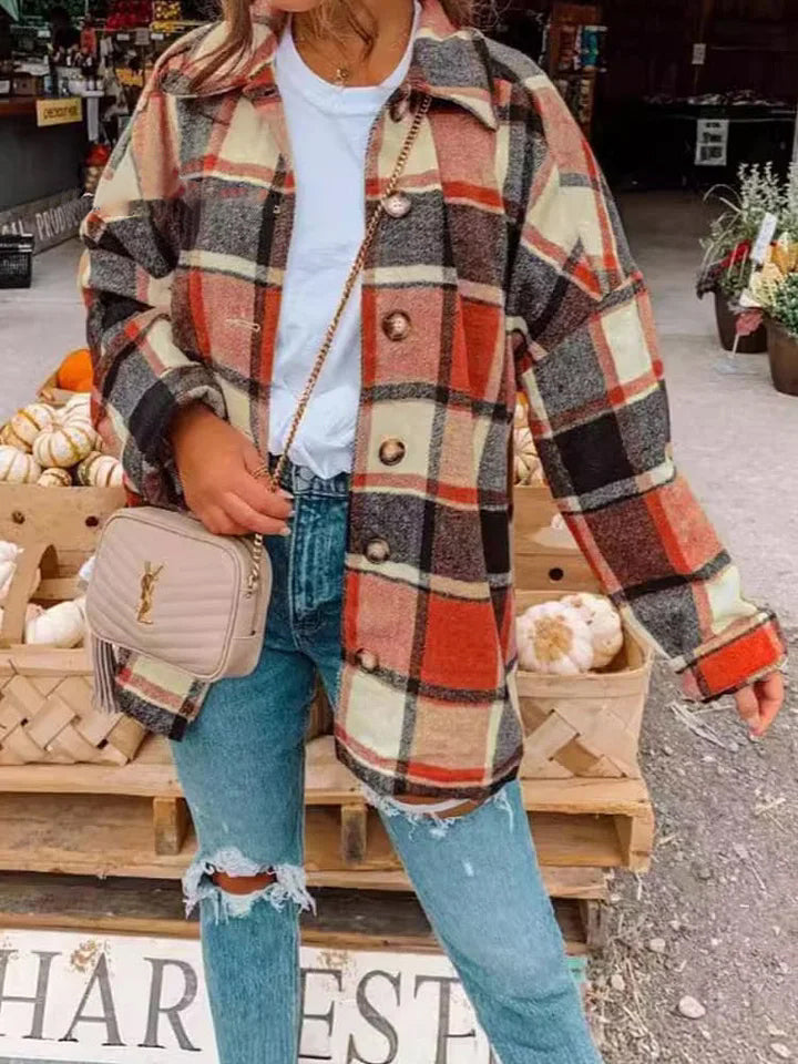 Large Plaid Shirt Women's Woolen Coat