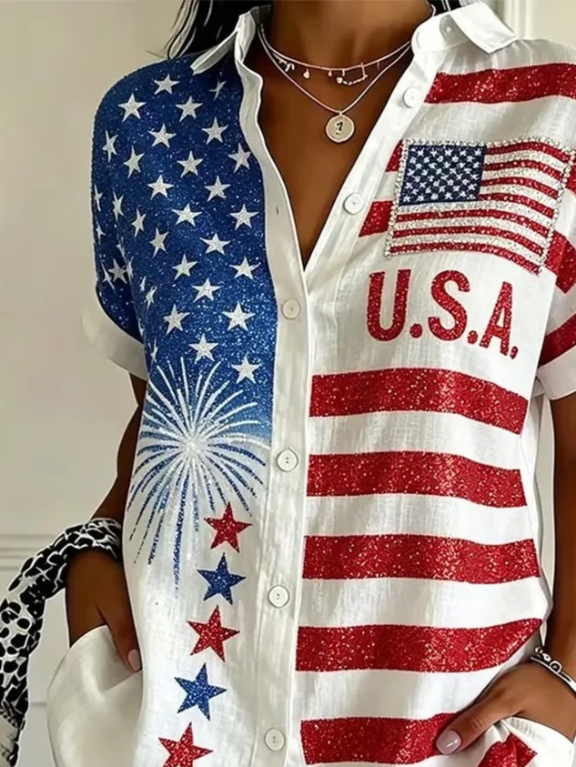 Women's Independence Day Flag Print Loose Fit Short Sleeve Button Up Shirt