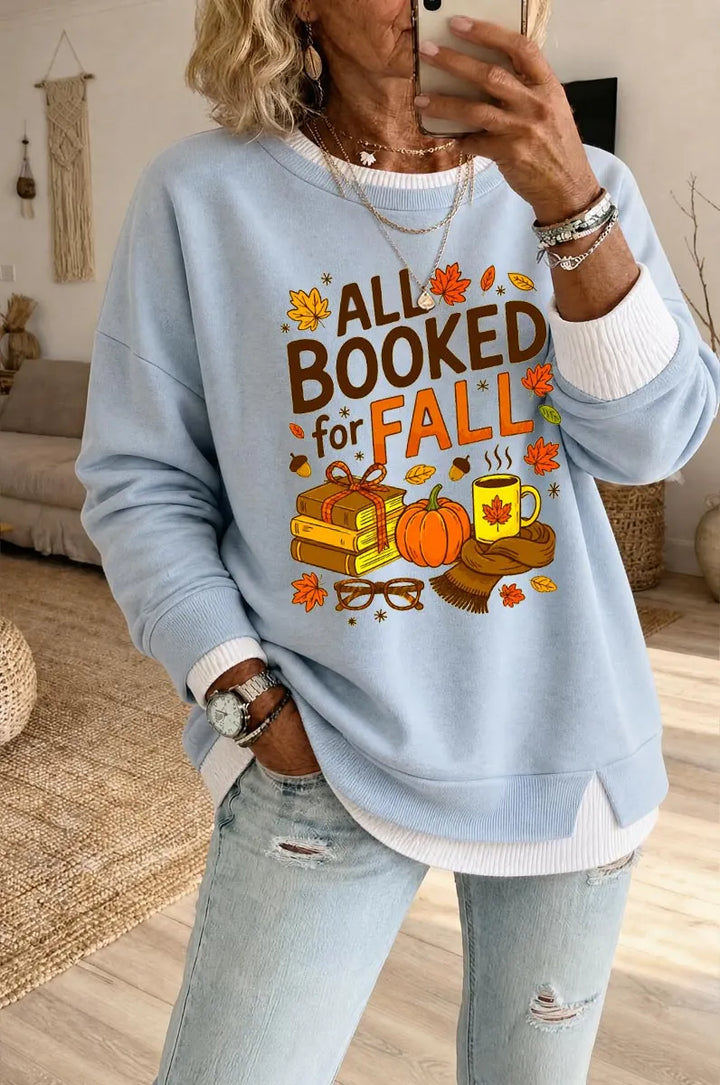 Women's All Booked For Fall Pattern Fake Two Piece Layered Sweatshirt
