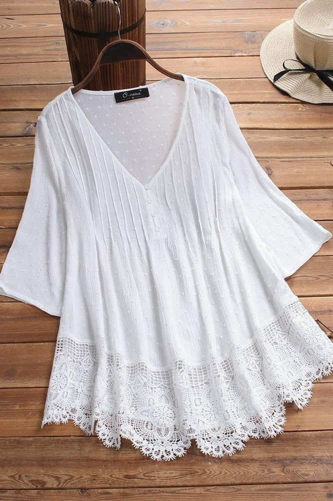 Solid Casual V-neck 3/4 Sleeves Plus Size Blouse